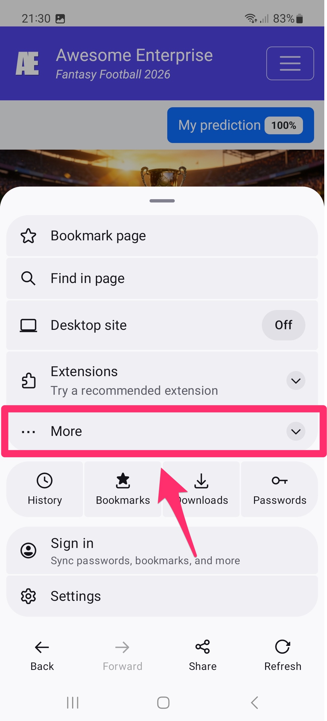 Opción Más en el menú de Firefox en Android