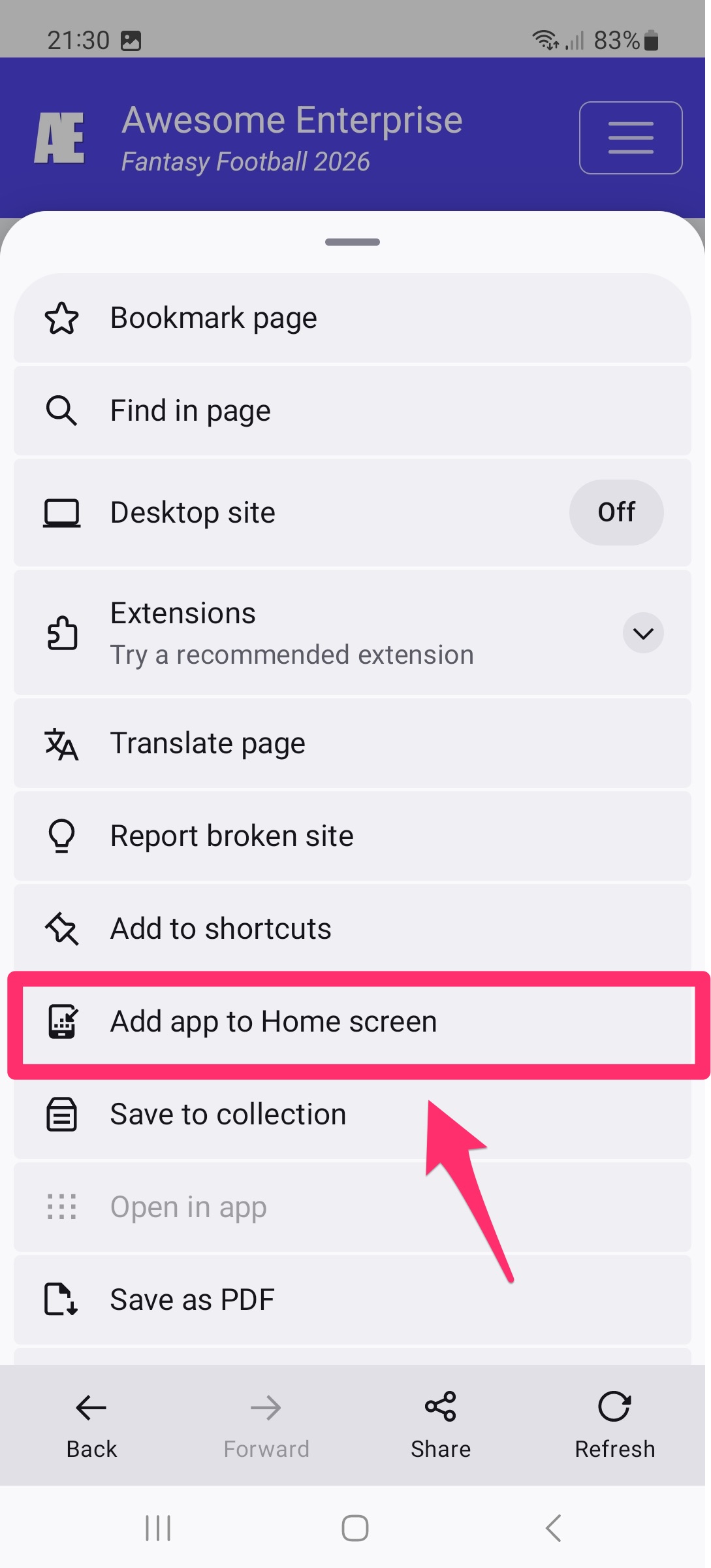 Opción Agregar app a la pantalla de inicio en Firefox para Android